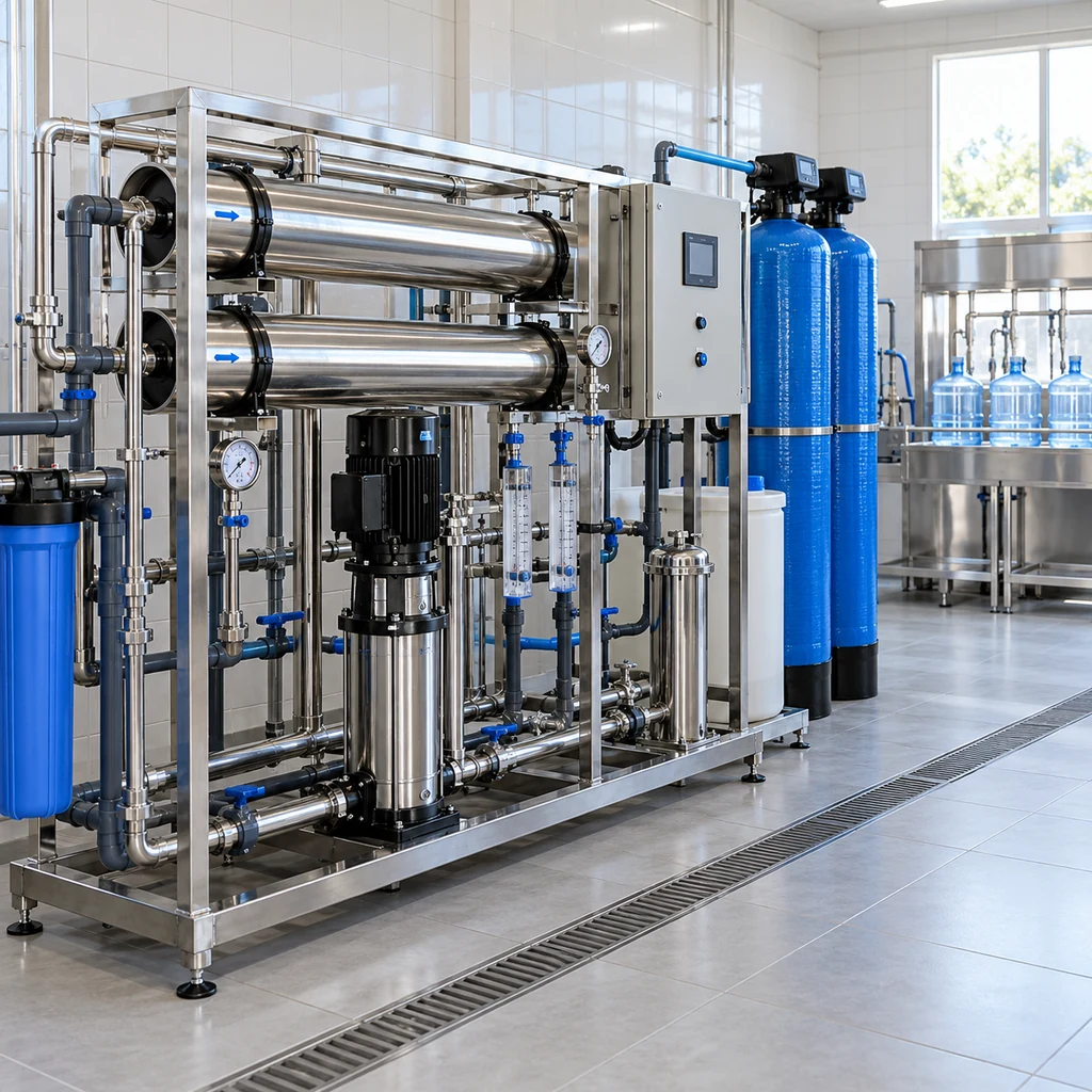 Commercial reverse osmosis equipment with membrane vessels and pretreatment filters in a water shop