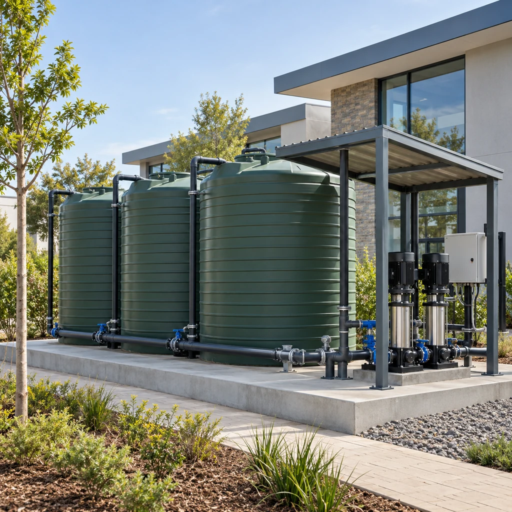 Multiple water storage tanks and booster pumps beside a commercial building
