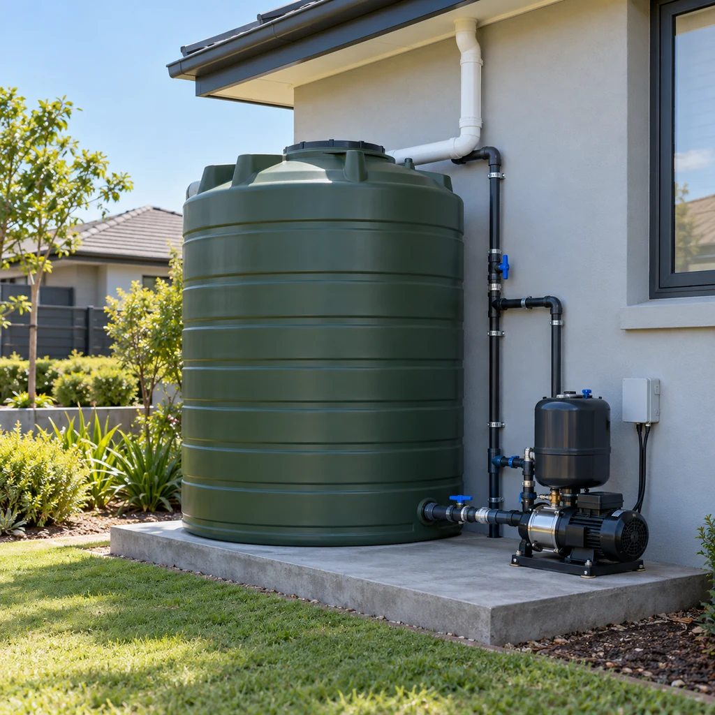 Residential water storage tank and pressure pump beside a home